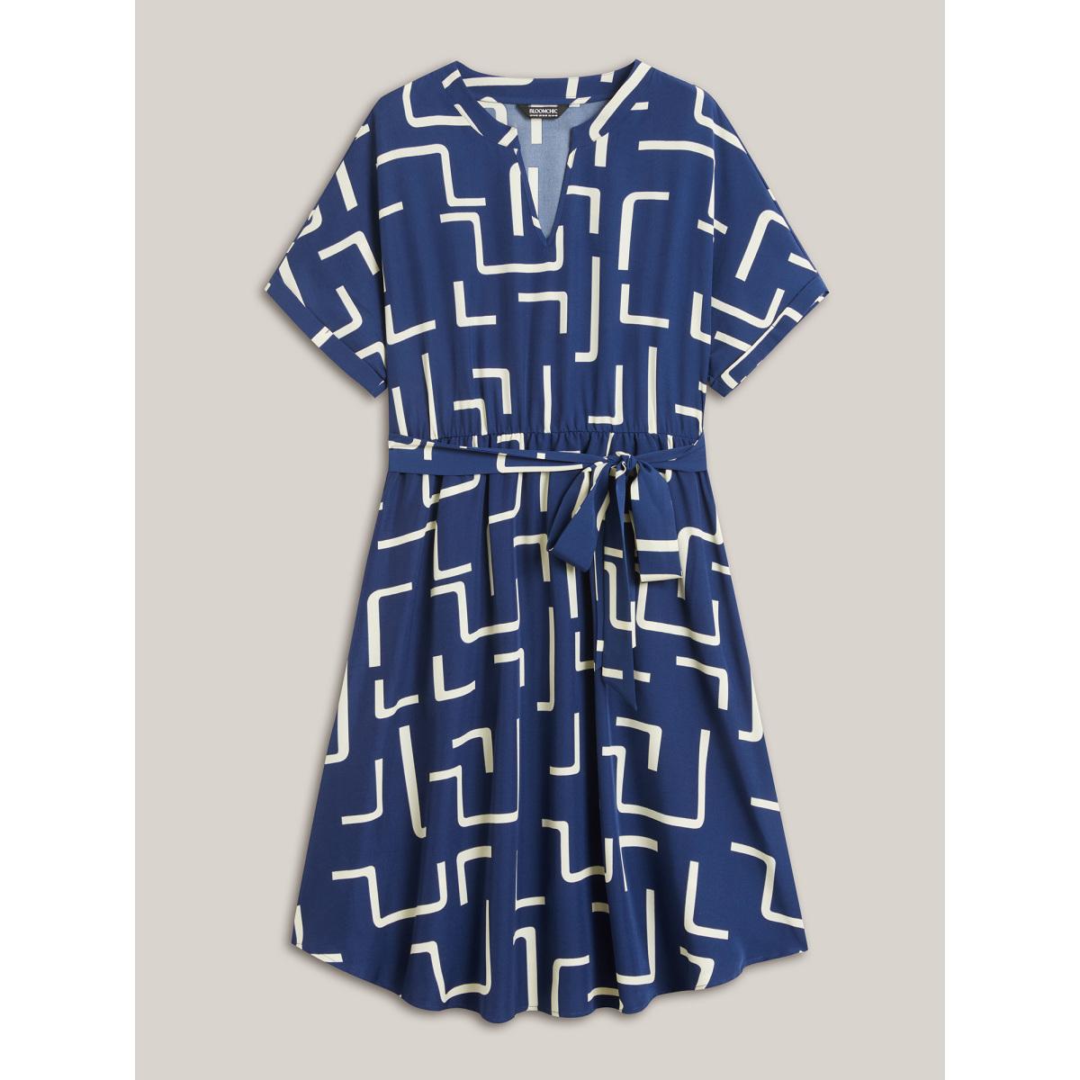 Plus Size Geometric Print Curved Hem Midi Dress Navy Women Office Flat collar with V-notch Short sleeve Curvy BloomChic 14-16/1X Product Image