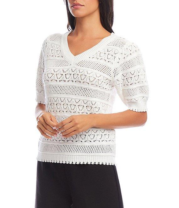 Karen Kane Cotton Crochet V-Neck Puff Sleeve Unlined Top Product Image
