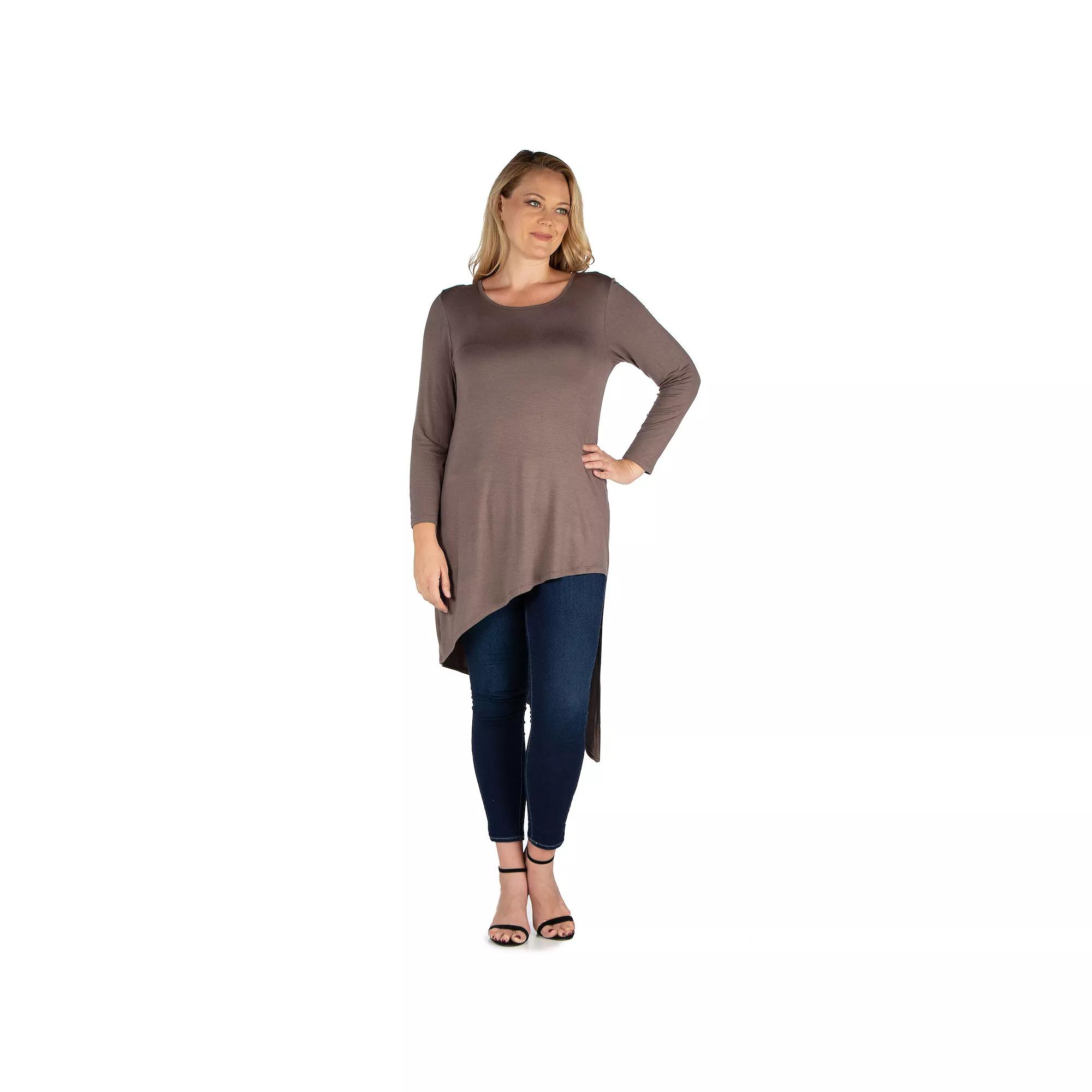 Plus Size 24Seven Comfort Apparel Long Sleeve Knee Length Asymmetrical Tunic Top, Womens Purple Product Image