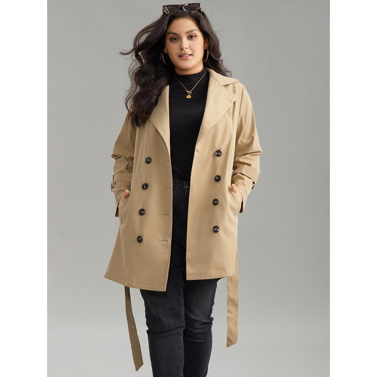 Plus Size Plain Double Breasted Lapel Collar Belted Trench Coat Women Champagne Casual Plain Ladies Everyday Winter Coats BloomChic 18-20/2X Product Image