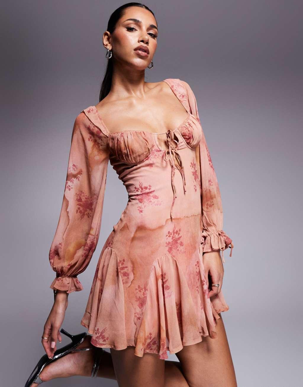 Love Triangle milkmaid mini dress with tie detail in apricot floral Product Image