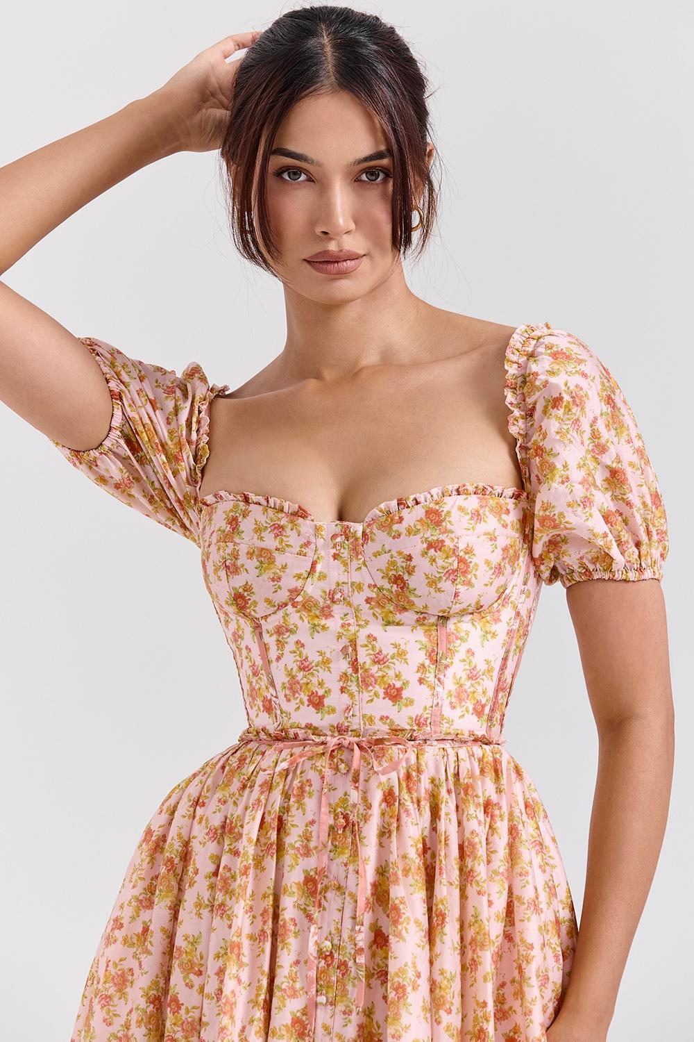 Penelope  peach poppy print puff sleeve midi sundress Product Image