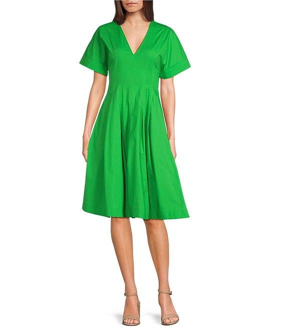 Trina Turk Ashe Poplin V-Neck Short Sleeve Fit-And-Flare Midi Dress Product Image