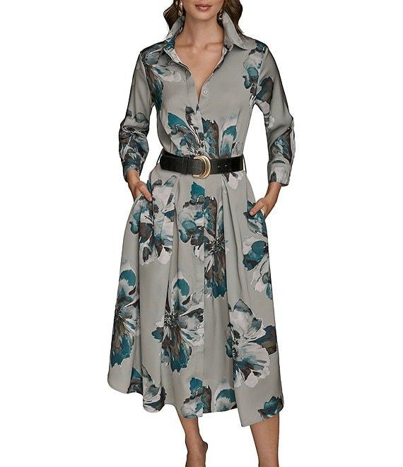 Donna Karan Floral Point Collar Belted Midi Shirtdress Product Image