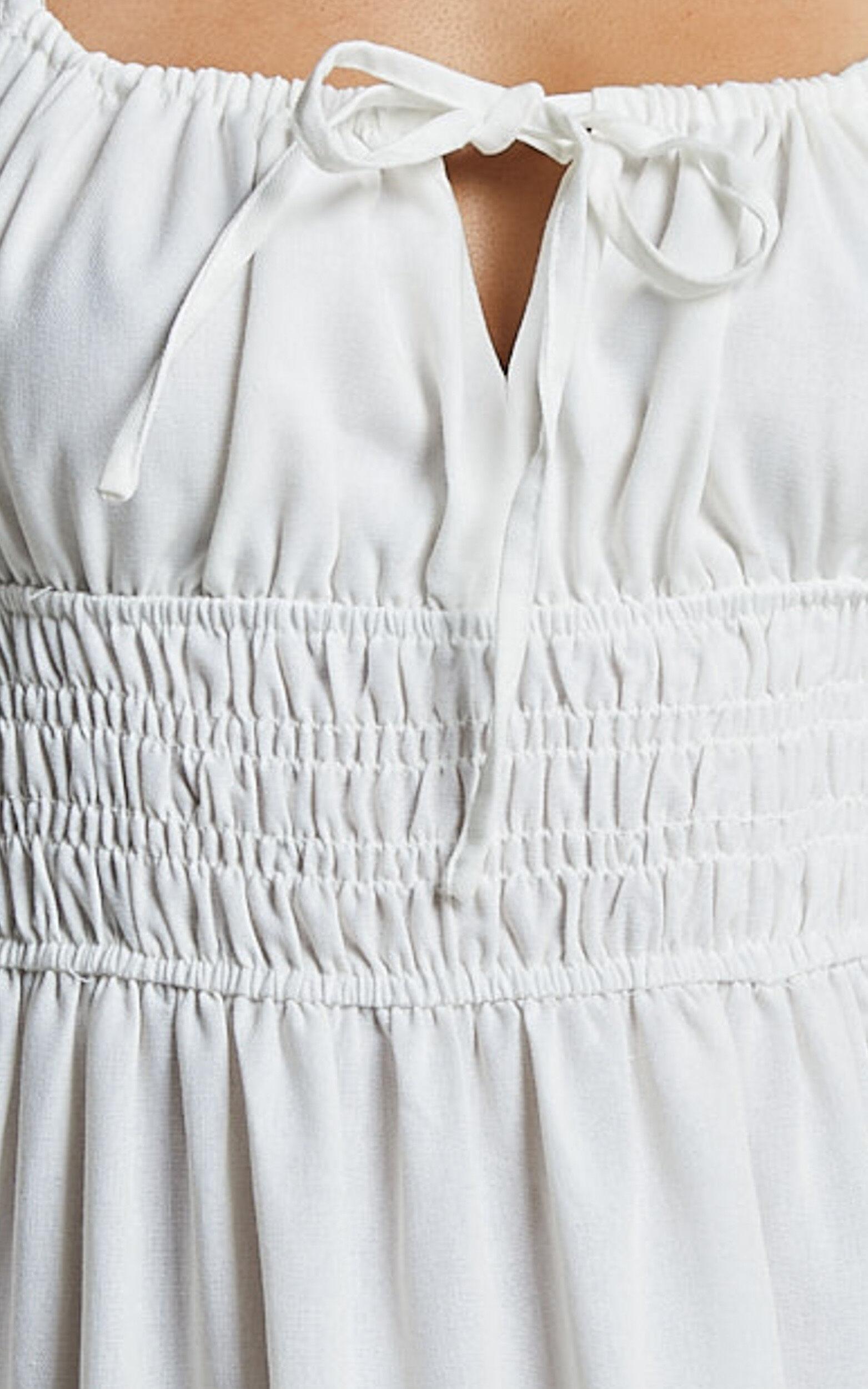 Claritza Midi Dress - Linen Look Short Puff Sleeve Square Neck Tiered Dress in White Product Image