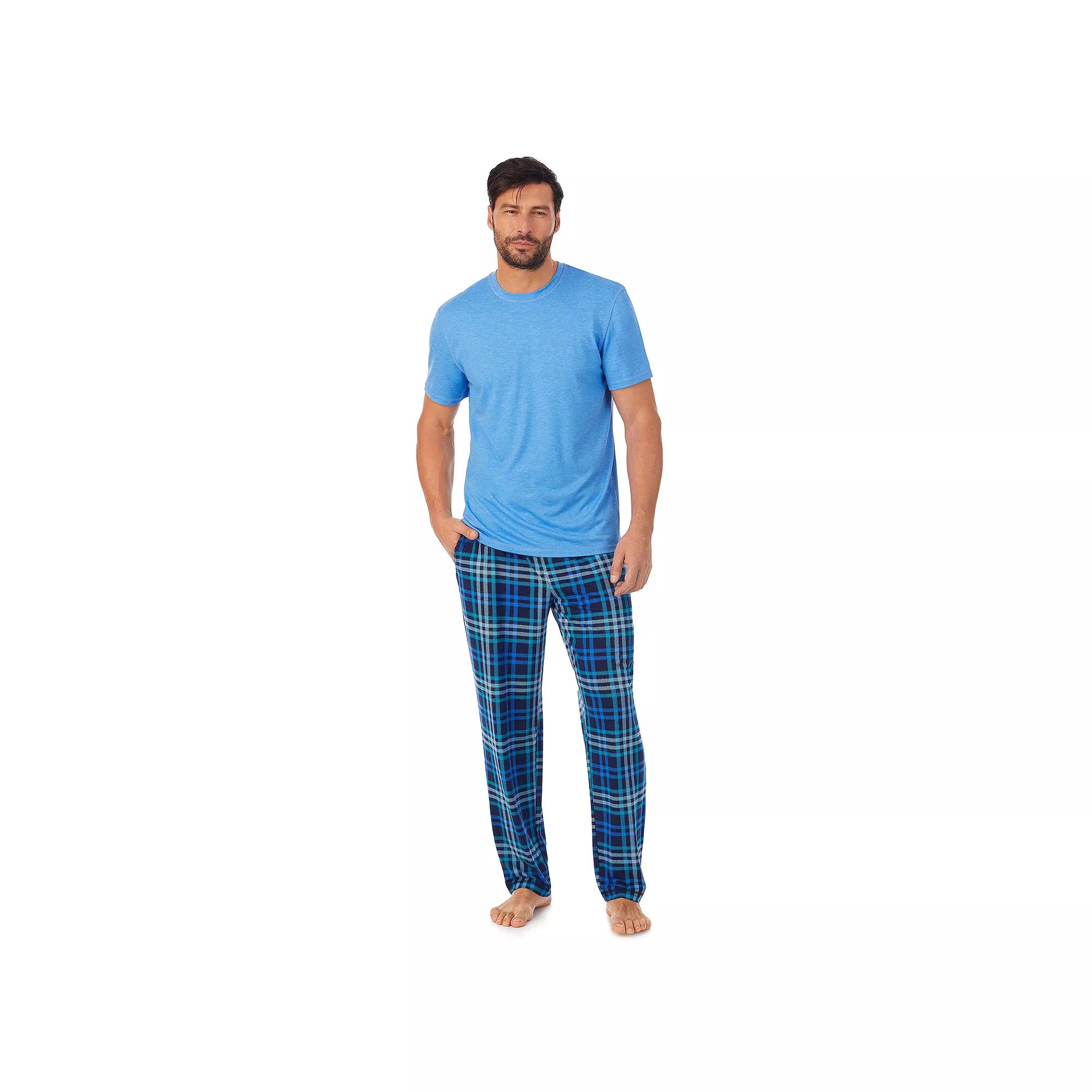 Men's Cuddl Duds® Crewneck Short Sleeve Pajama Top & Pajama Pants Set, Size: Large, Blue Plaid Product Image