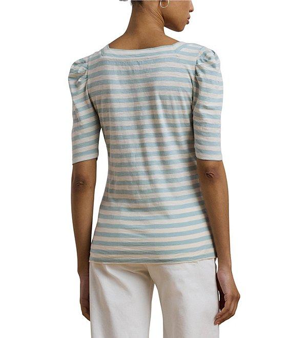 Lauren Ralph Lauren Cotton Jersey Striped Square Neck Short Puff Sleeve Top Product Image