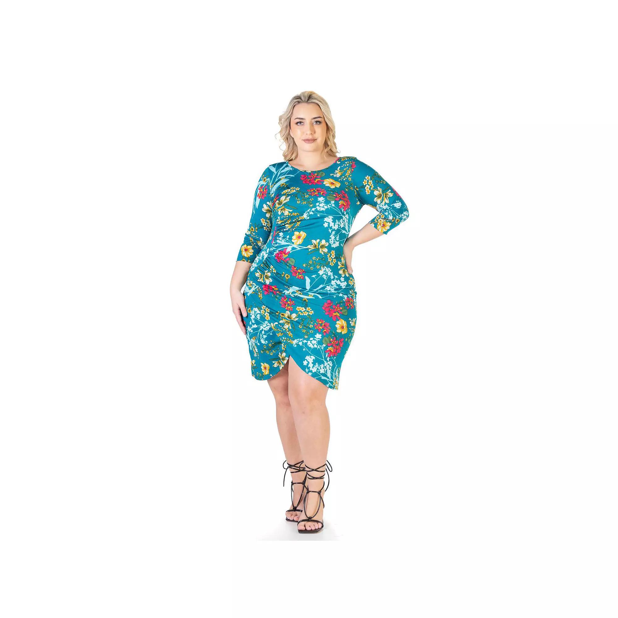 Plus Size 24Seven Comfort Apparel Elbow Sleeve Ruched Knee Length Dress, Women's, Size: 3XL, Teal Pink Product Image