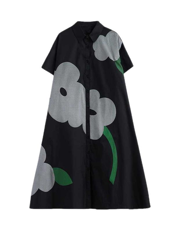 Loose Short Sleeves Buttoned Floral Printed Lapel Collar Midi Dresses Product Image