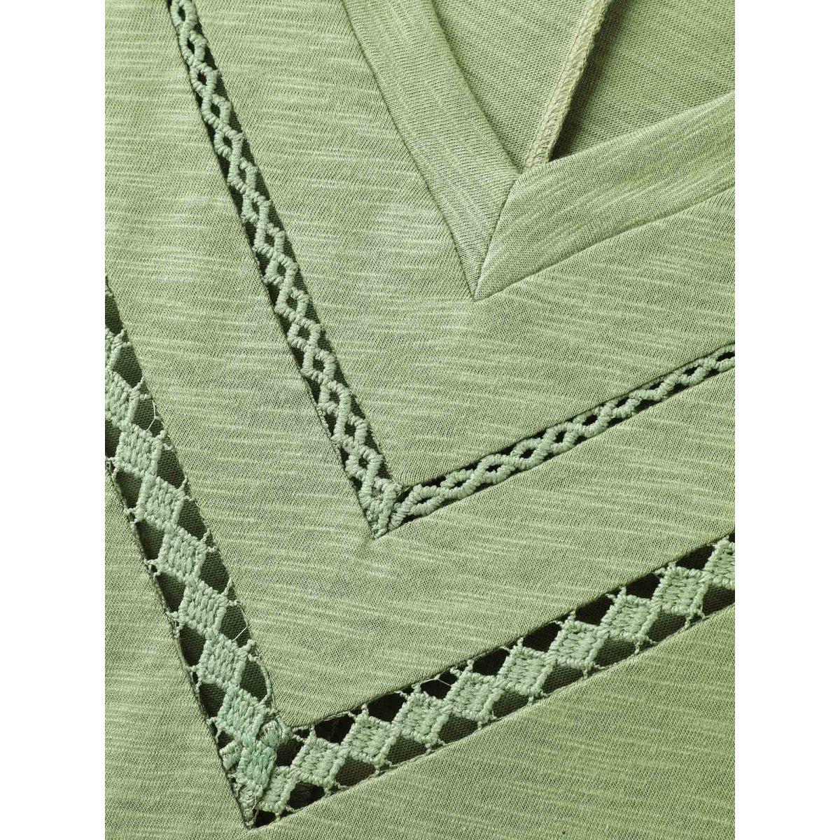 Plus Size Bamboo Fabric Lace Trim Flowy T-Shirt Greenbean Women Woven ribbon&lace trim V-neck Casual T-shirts BloomChic 22-24/3X Product Image