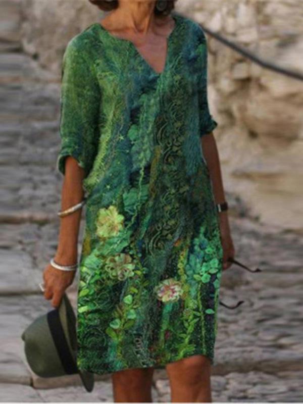 Original Printing V-Neck Short Sleeve Mini Dress Product Image