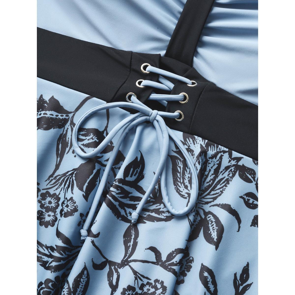 Plus Size Silhouette Floral Print Ruched Lace Up Swim Dress Women's Swimwear Stone Beach Bodycon V-neck High stretch Curve Swim Dresses BloomChic 26/4X Product Image