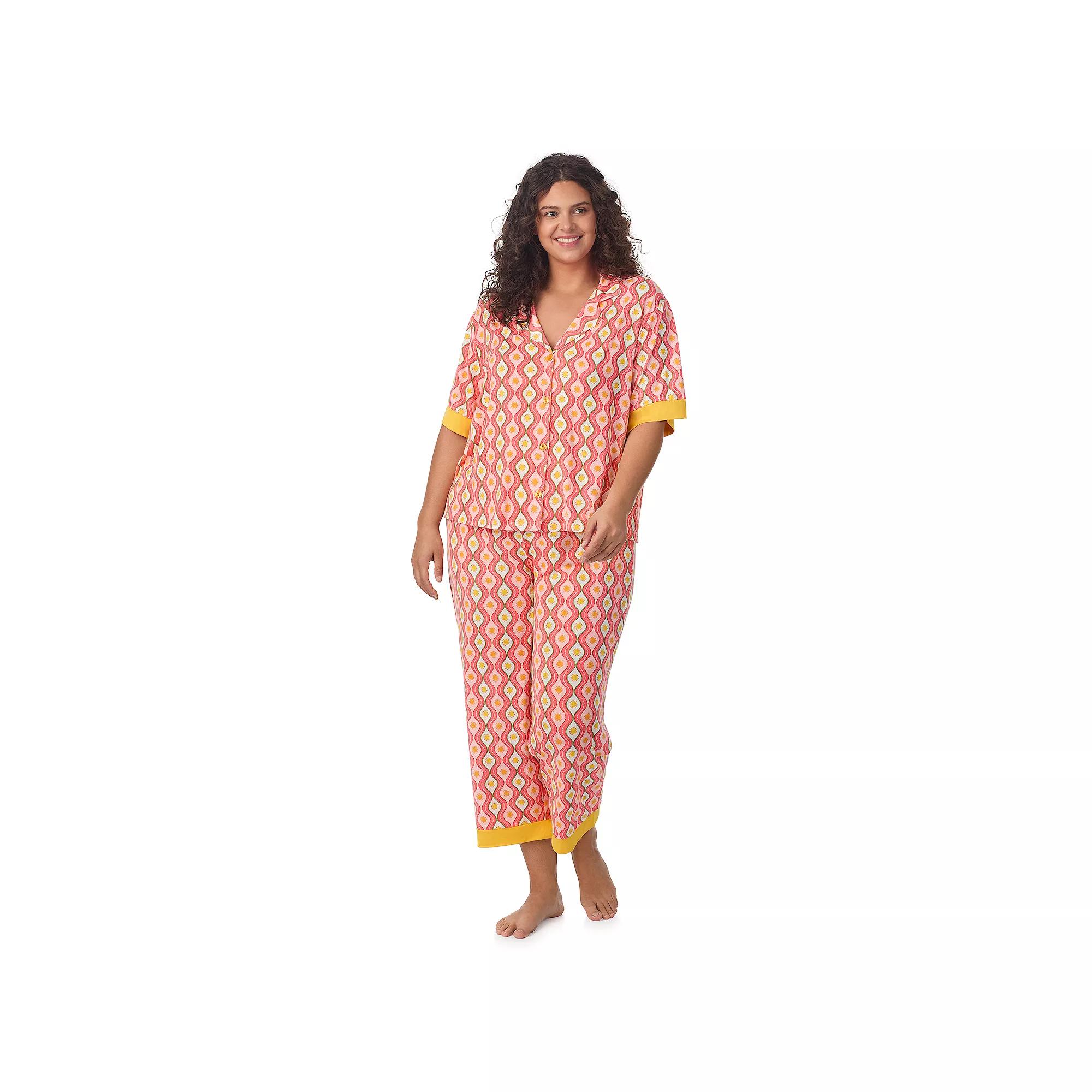 Plus Size Beauty Sleep Social 2-Piece Cozy Notch Pajama Top & Cropped Pajama Pants Set, Women's, Size: 2XL, Yellow Product Image
