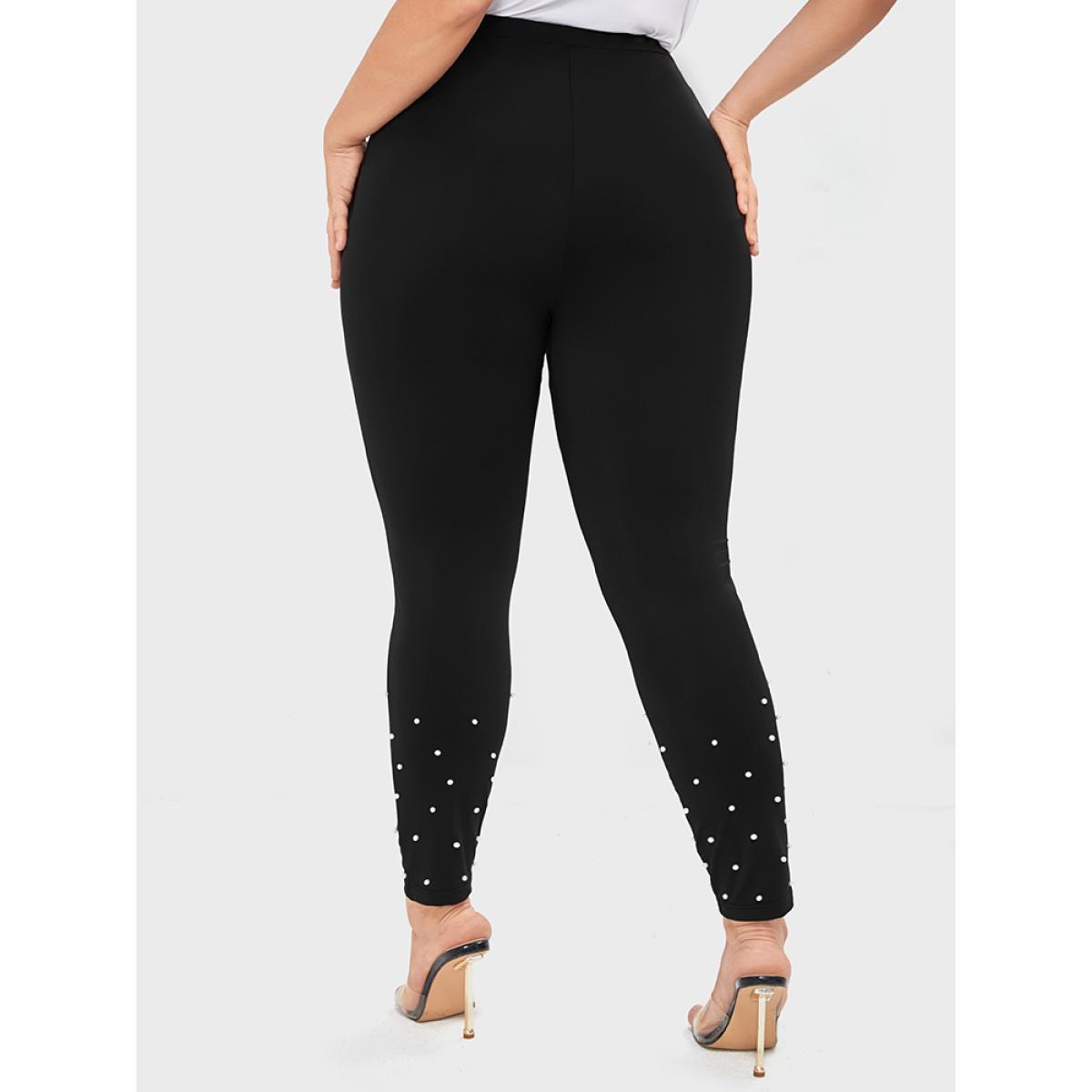 Plus Size Solid Pocket Beaded Hem Leggings Women Black Party Low stretch Skinny High Rise Going out Leggings BloomChic 28/5X Product Image
