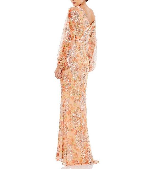 Mac Duggal Floral Print Sequin Boat Neck Long Sleeve Front Slit Gown Product Image