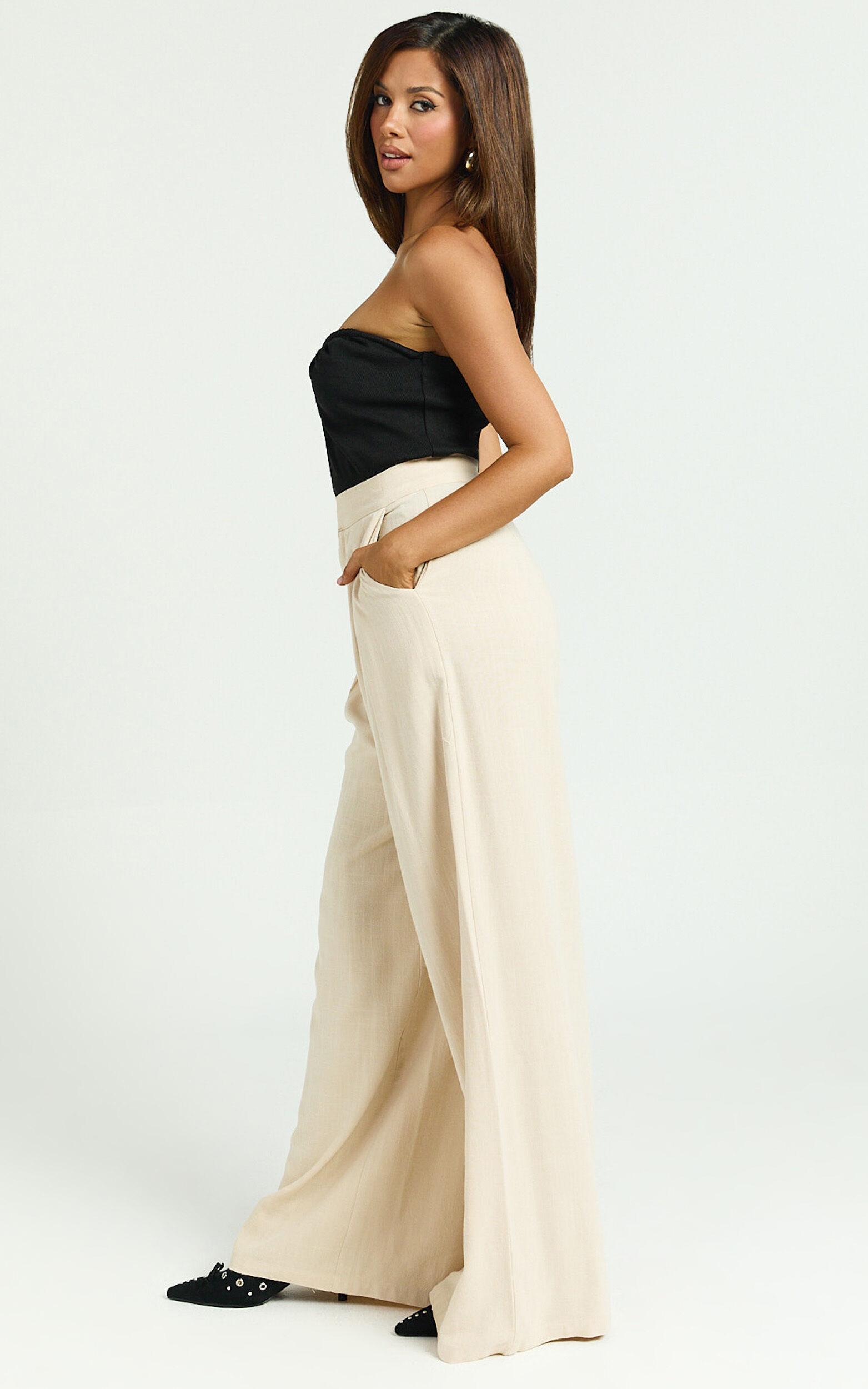 Hermione Linen Blend Pants - High Waist Wide Leg Pleated Palazzo Pants in Natural Product Image