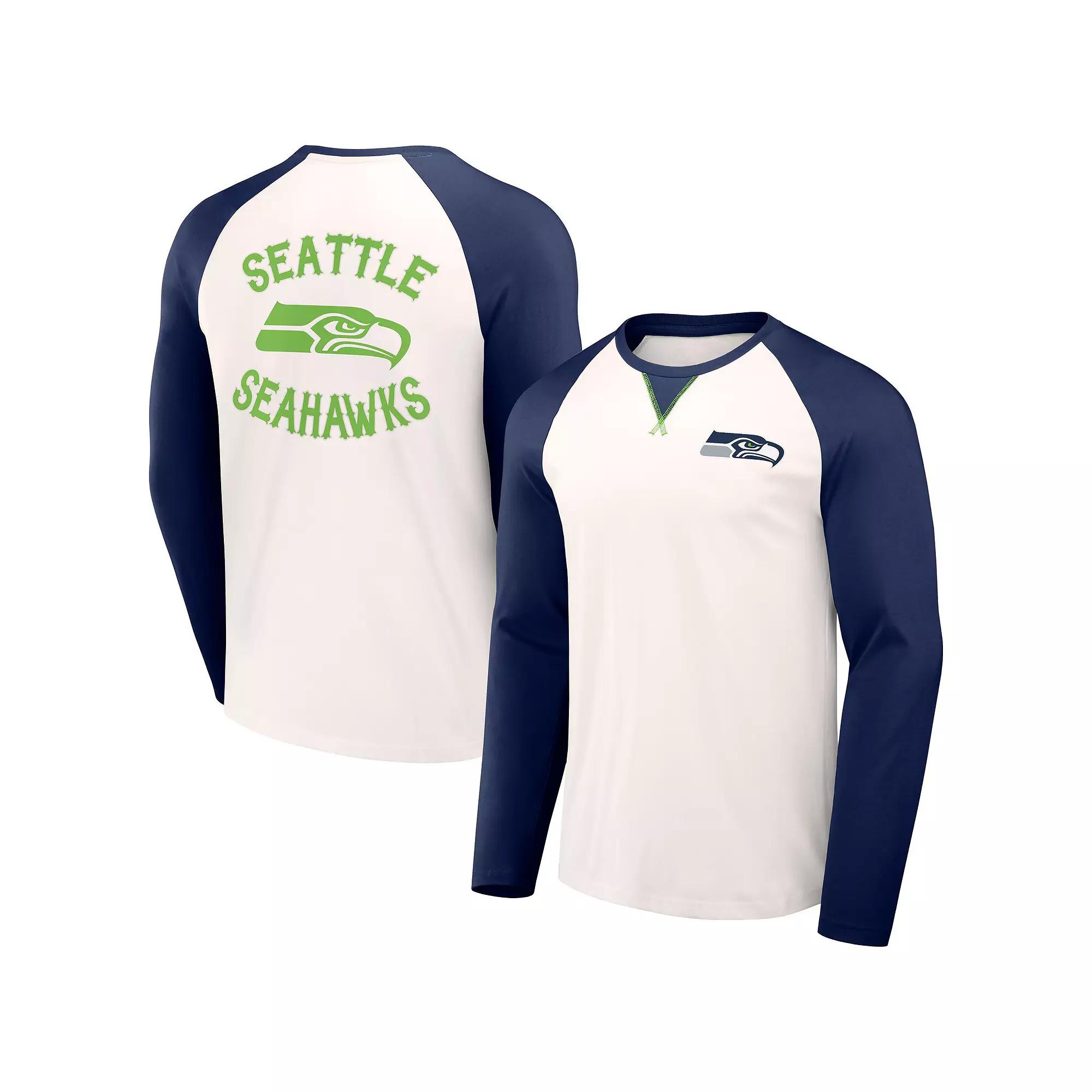 Men's NFL x Darius Rucker Collection by Fanatics Cream/College Navy Seattle Seahawks Long Sleeve Raglan T-Shirt, Size: 2XL, Beige Product Image
