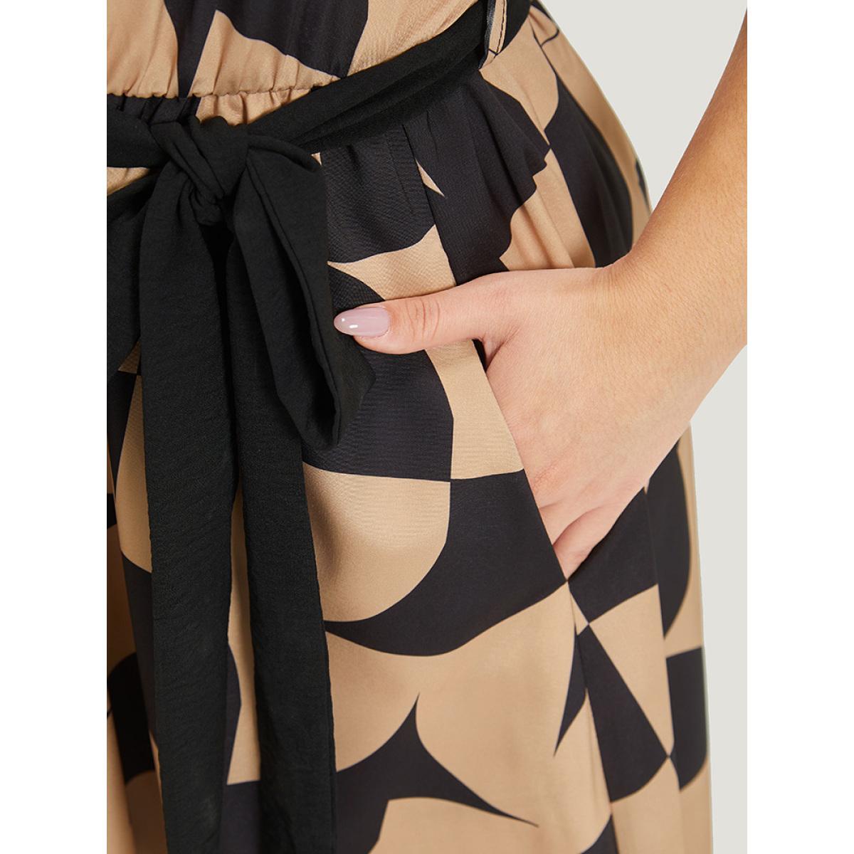 Plus Size Geometric Patchwork Pocket Belted Notched Dress Bronze Women Office Plain Notched collar Short sleeve Curvy Midi Dress BloomChic 30/6X Product Image