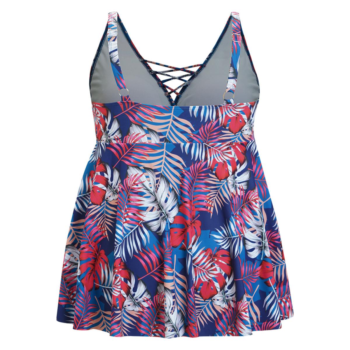 Plus Size Tropical Print Wrap Ruffles Crisscross Swim Dress Women's Swimwear Indigo Vacation Bodycon V-neck High stretch Curve Swim Dresses BloomChic 30/6X Product Image