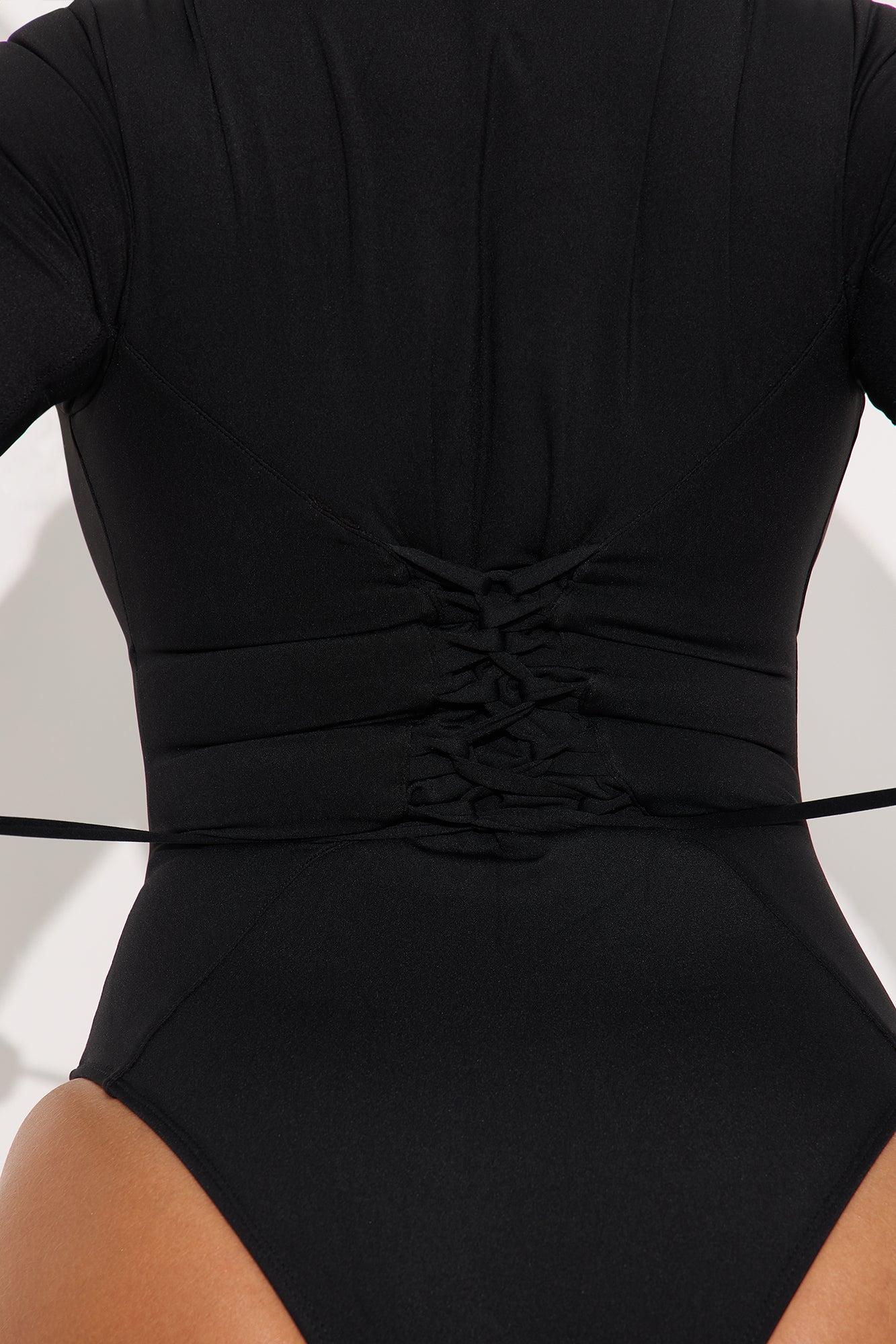 Delvina Snatched Sculpting Lace Up Long Sleeve 1 Piece Swimsuit Rashguard - Black Female Product Image