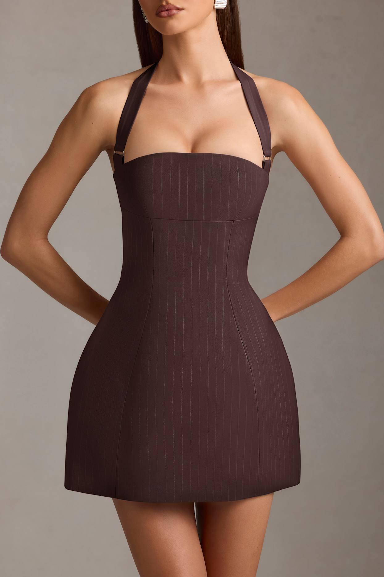Pinstripe Halterneck Structured A-Line Mini Dress in Chocolate Brown Product Image