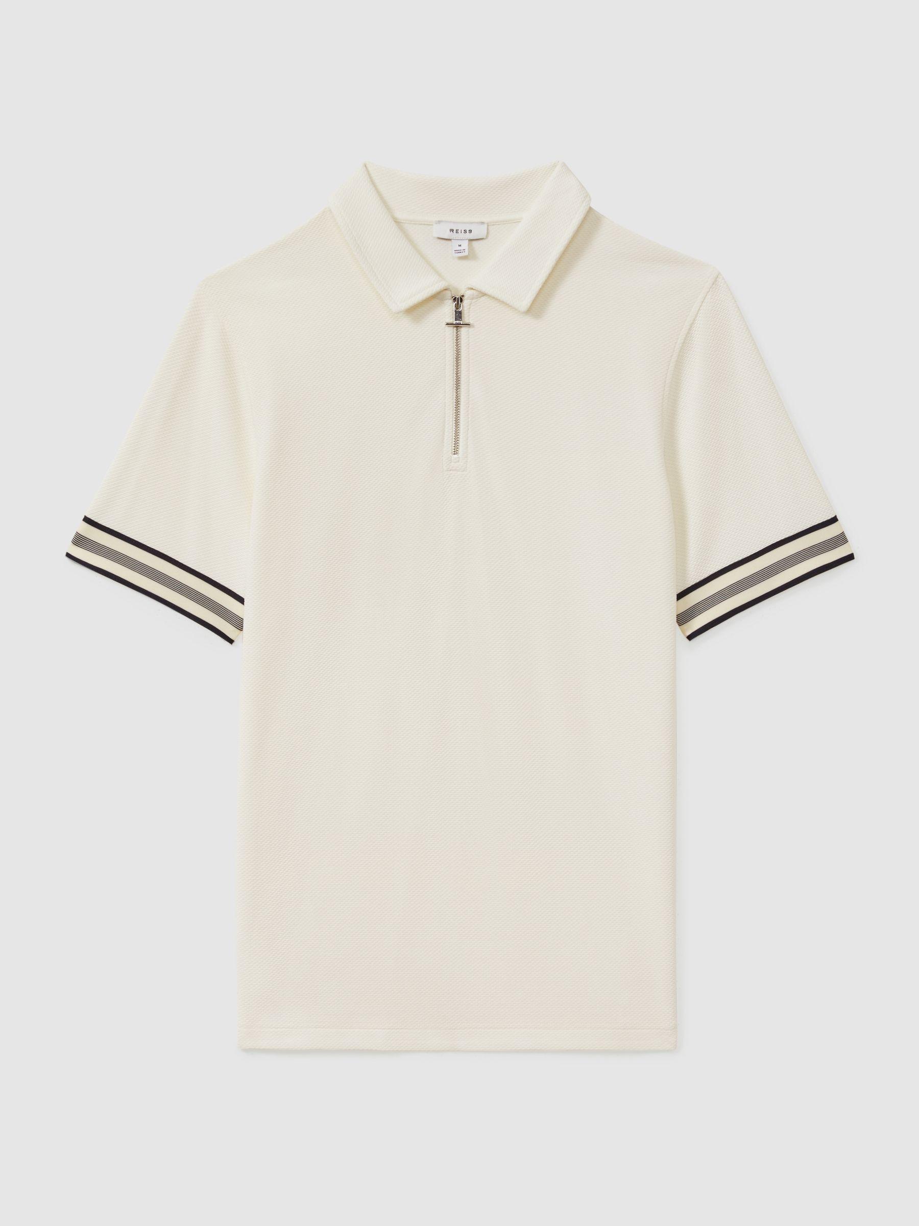 Textured Contrast Trim Half-Zip Polo Shirt in Off White Product Image