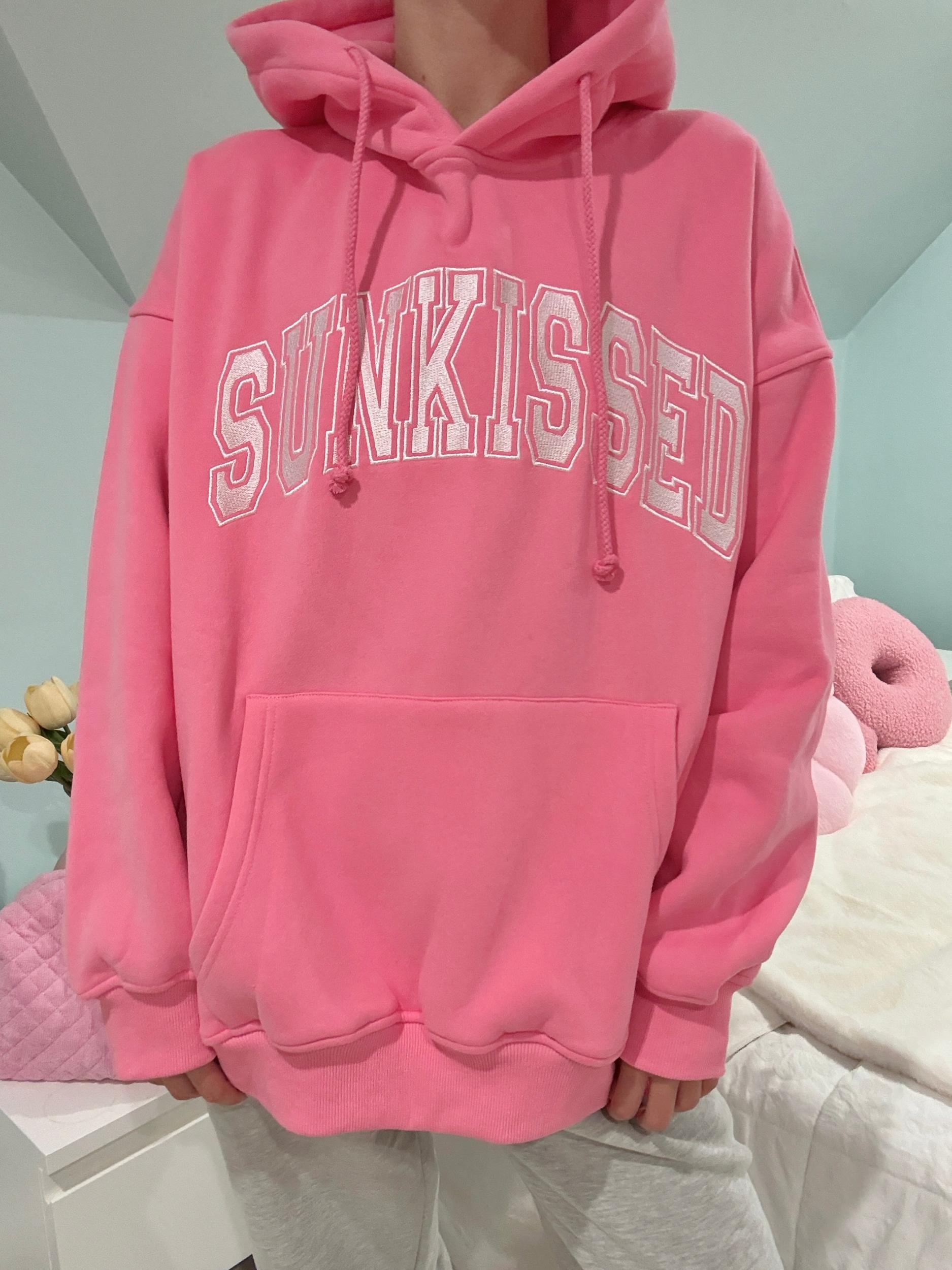 Hibiscus Pink Sunkissed Varsity Embroider Hoodie Product Image