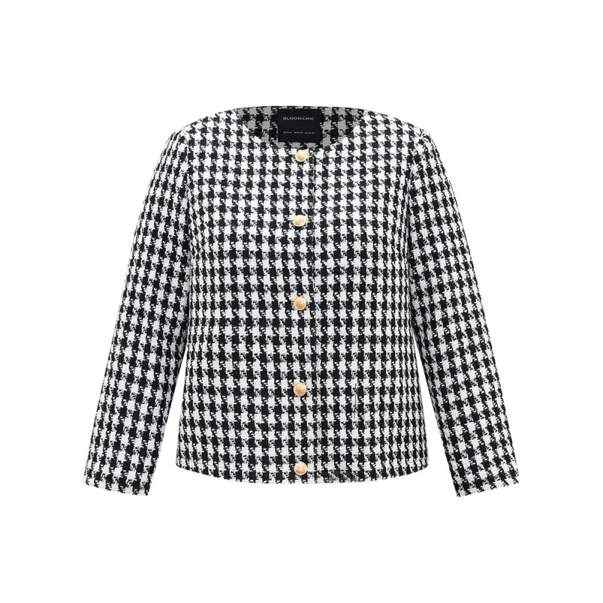 Plus Size Houndstooth Button Through Blazer Women Black Casual Texture Ladies Dailywear Winter Coats BloomChic 10/M Product Image