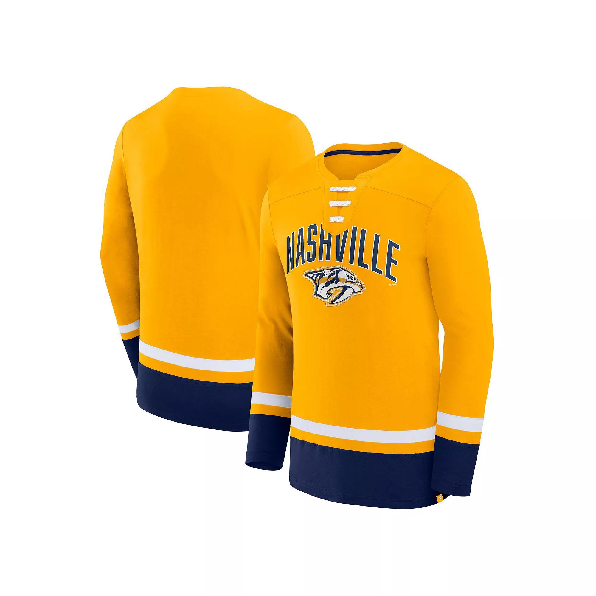 Men's Fanatics Branded Gold Nashville Predators Back Pass Lace-Up Long Sleeve T-Shirt, Size: XL, Pdt Gold Product Image