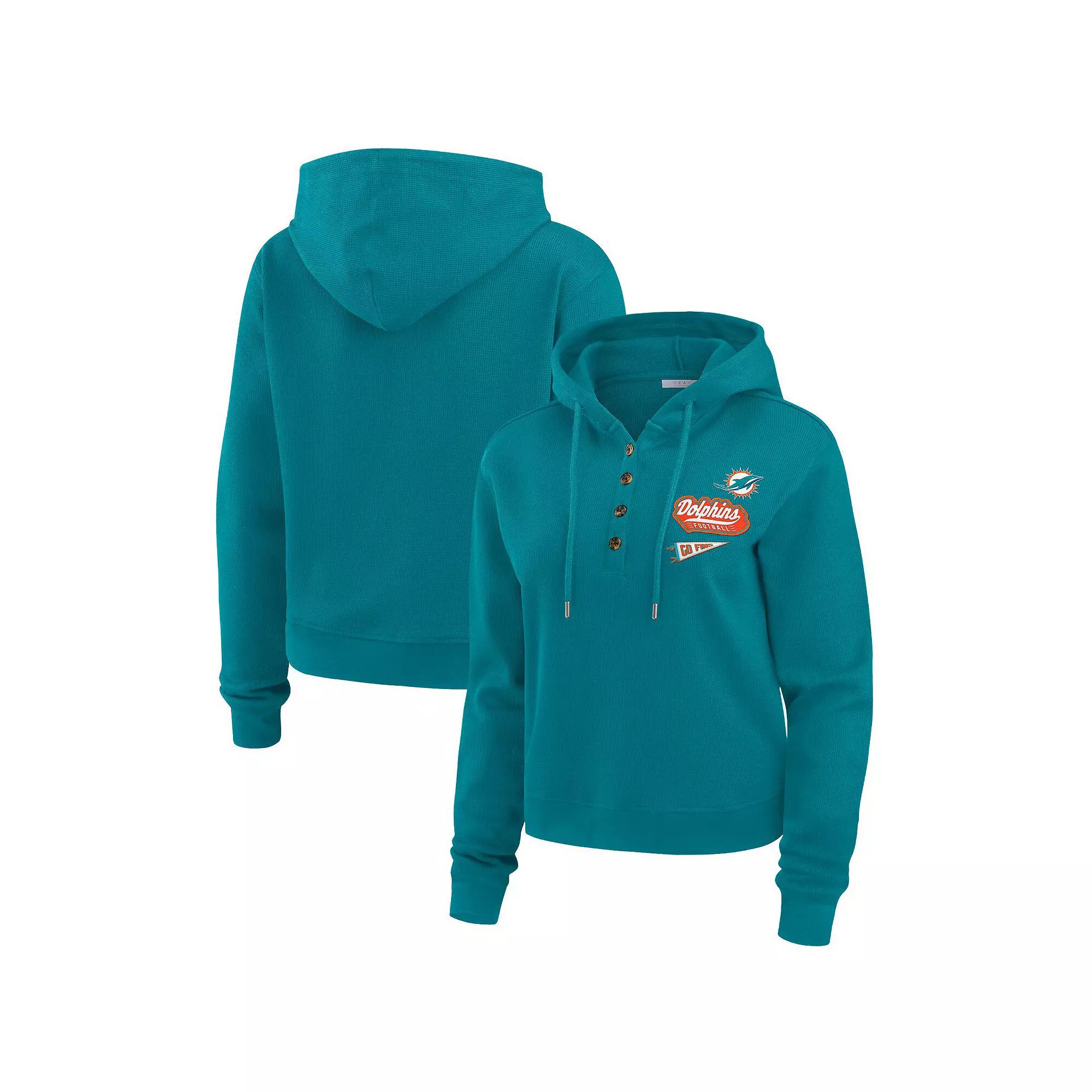 Women's WEAR by Erin Andrews Aqua Miami Dolphins Waffle Hoodie Pullover Top,  Product Image