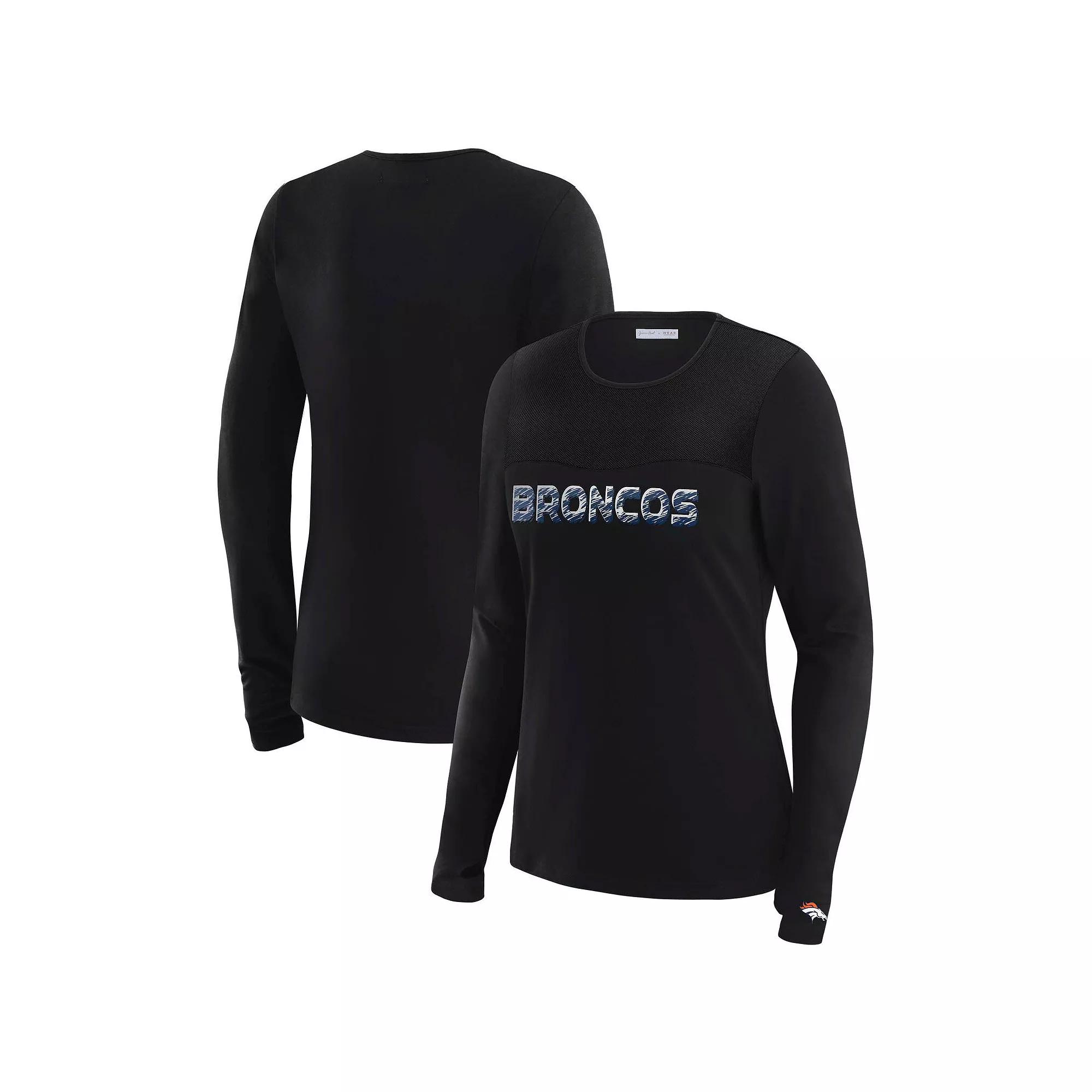 Women's WEAR by Erin Andrews x Gracie Hunt Black Denver Broncos Mesh Panel Long Sleeve T-Shirt,  Product Image