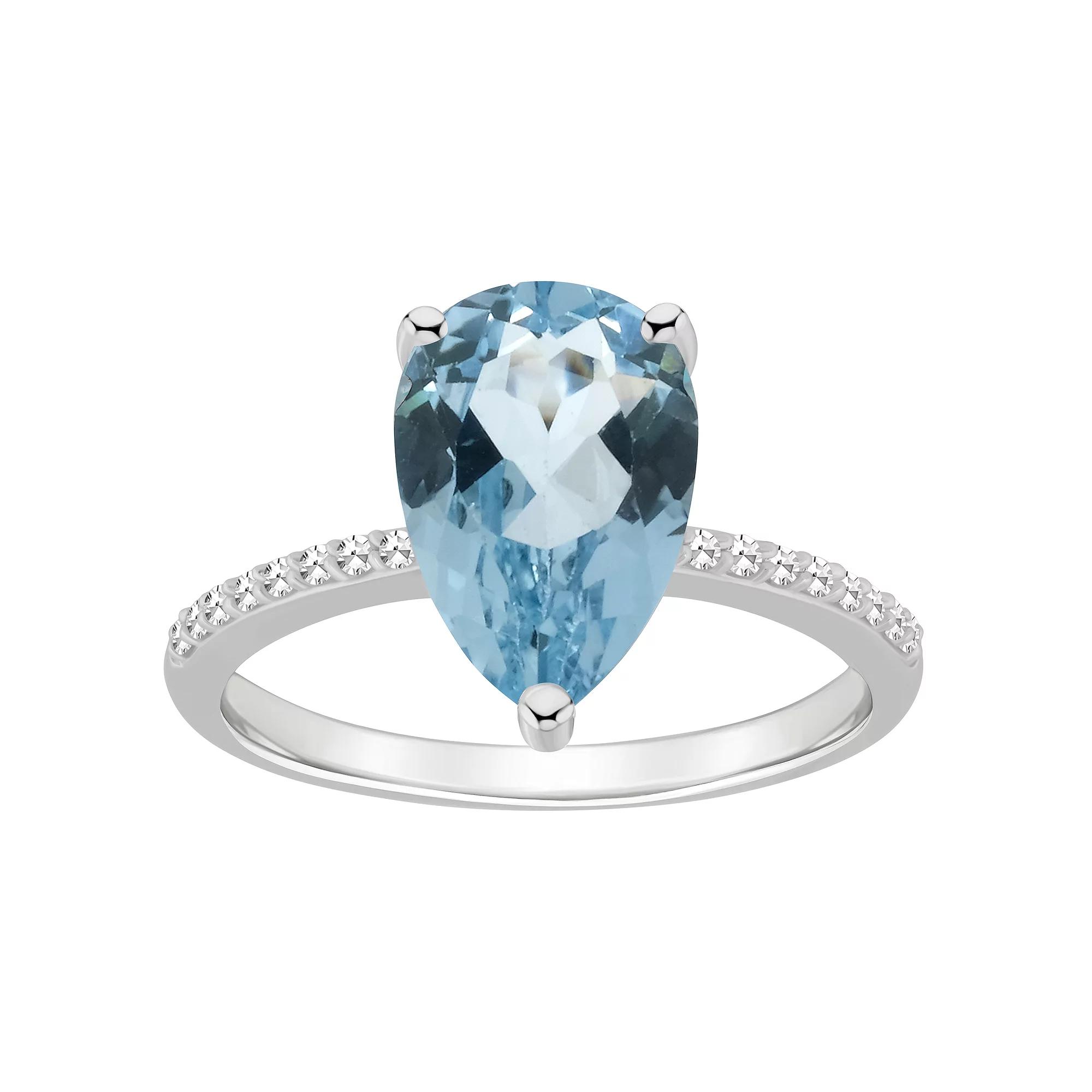 Alyson Layne Sterling Silver 10 mm x 8 mm Pear Shape Gemstone & 1/10 Carat T.W. Diamond Ring, Women's, Blue Topaz Product Image
