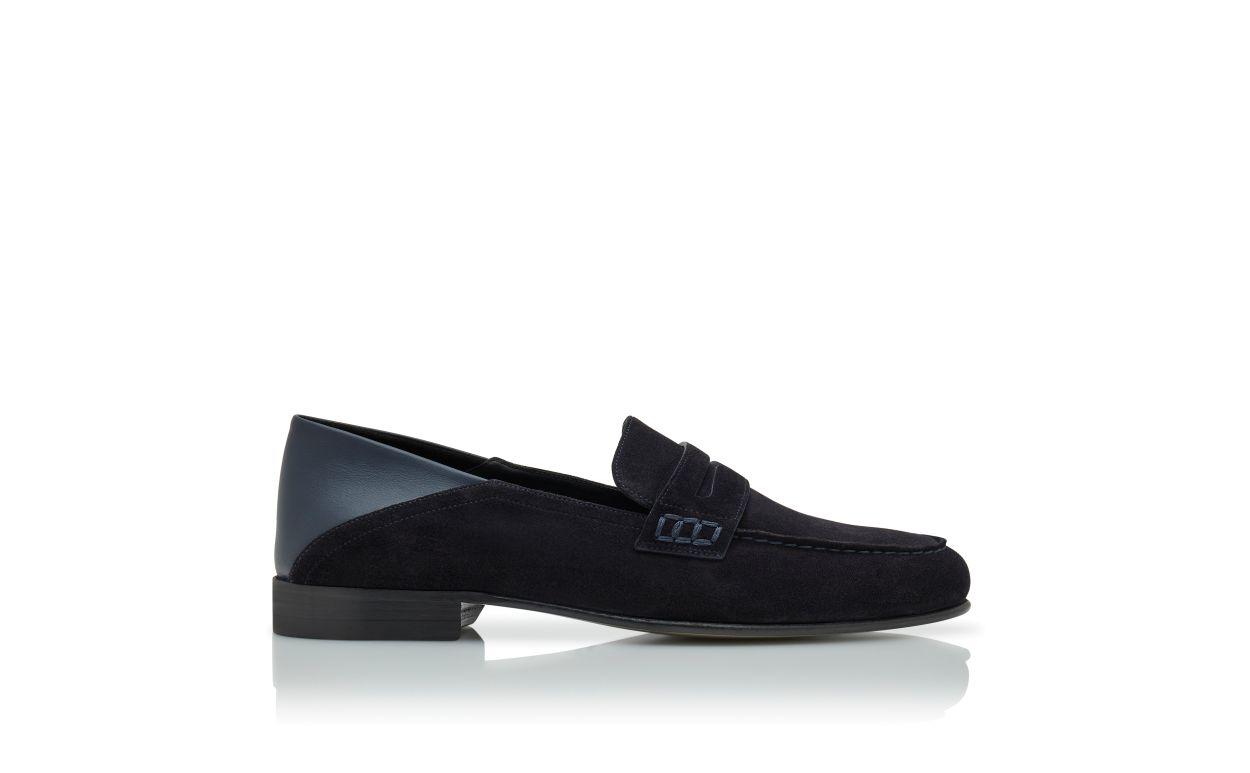 PLYMOUTH Navy Blue Suede Penny Loafers  Product Image