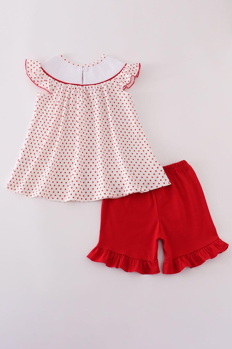 Red dot strawberry embroidery smocked shorts set Product Image