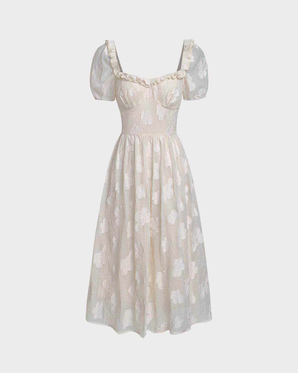 Beige Square Neck Puffed Sleeve Midi Dress Product Image