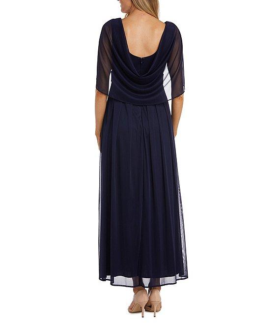 R & M Richards Matte Jersey Chiffon V-Neck Caplet Overlay Rhinestone Gown Product Image
