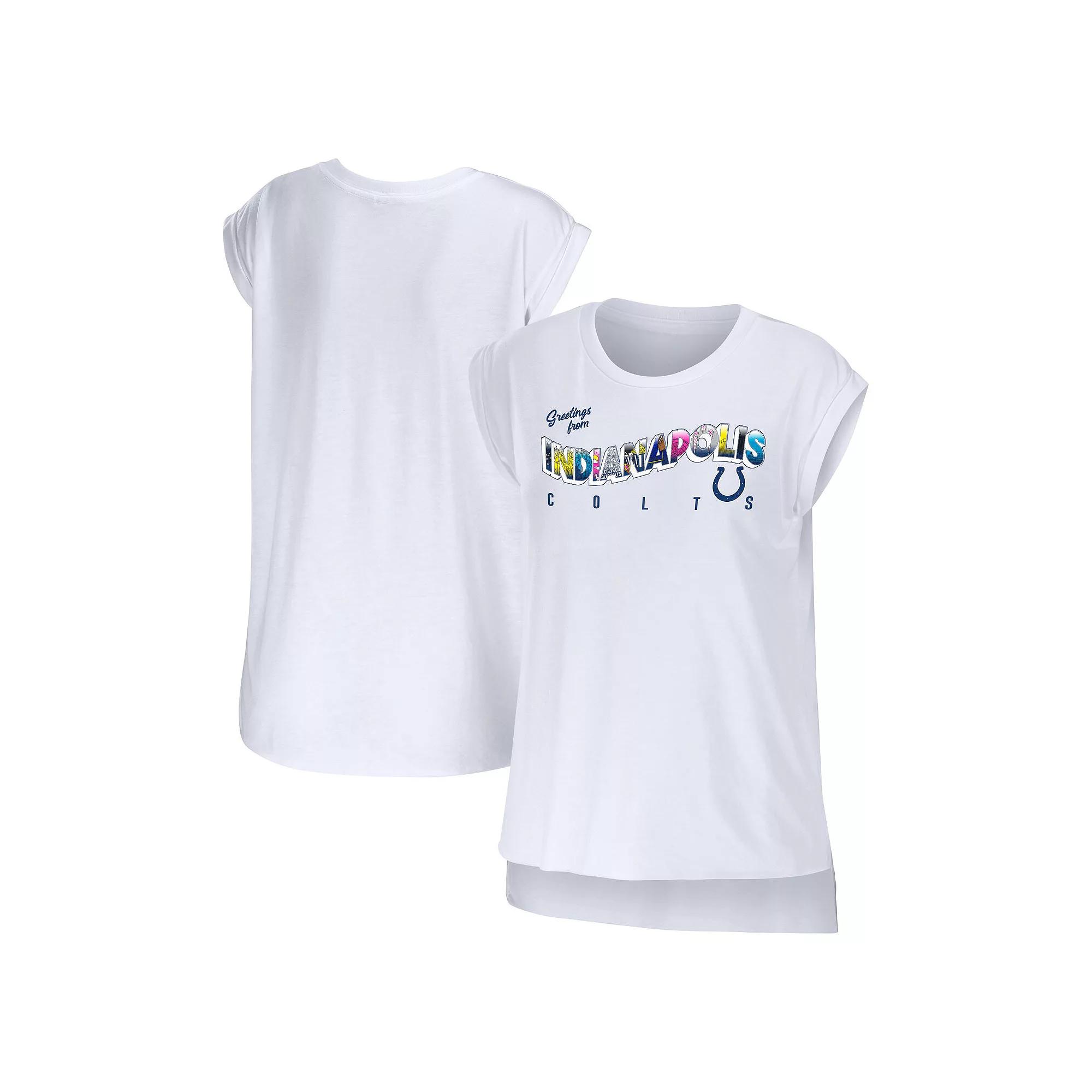Women's WEAR by Erin Andrews White Indianapolis Colts Greetings From Muscle T-Shirt,  Product Image