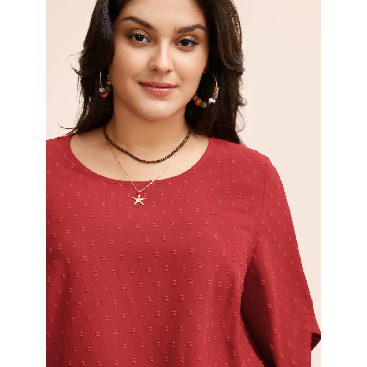 Plus Size Crimson Textured Round Neck Bell Sleeve Blouse Women Elegant Elbow-length sleeve Round Neck Everyday Blouses BloomChic 12/L Product Image