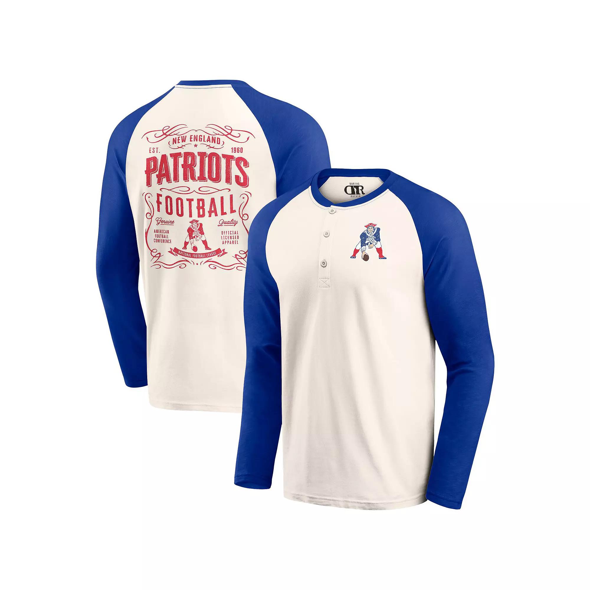 Men's Darius Rucker Collection by Fanatics Cream/Royal New England Patriots Raglan Henley Long Sleeve T-Shirt, Size: Medium, Beige Product Image