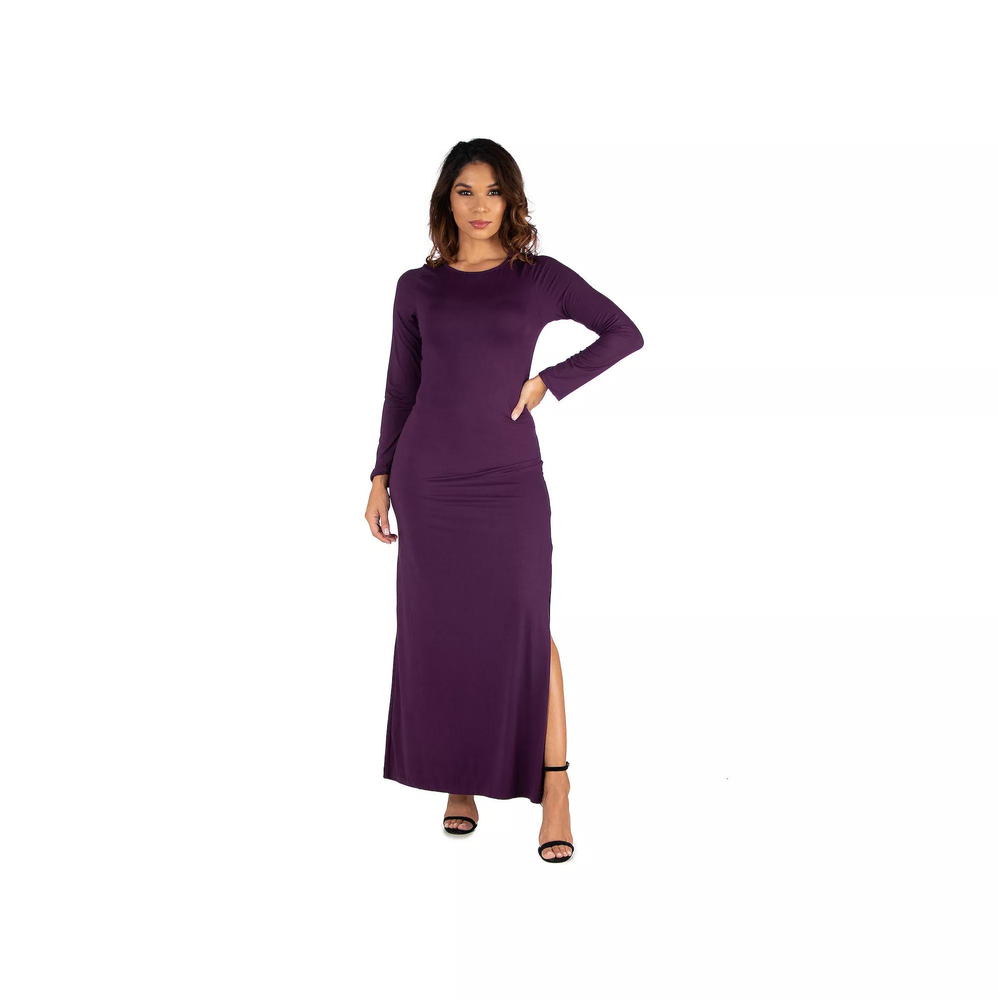 Women's 24seven Comfort Apparel Long Sleeve Side Slit Fitted Maxi Dress,  Product Image