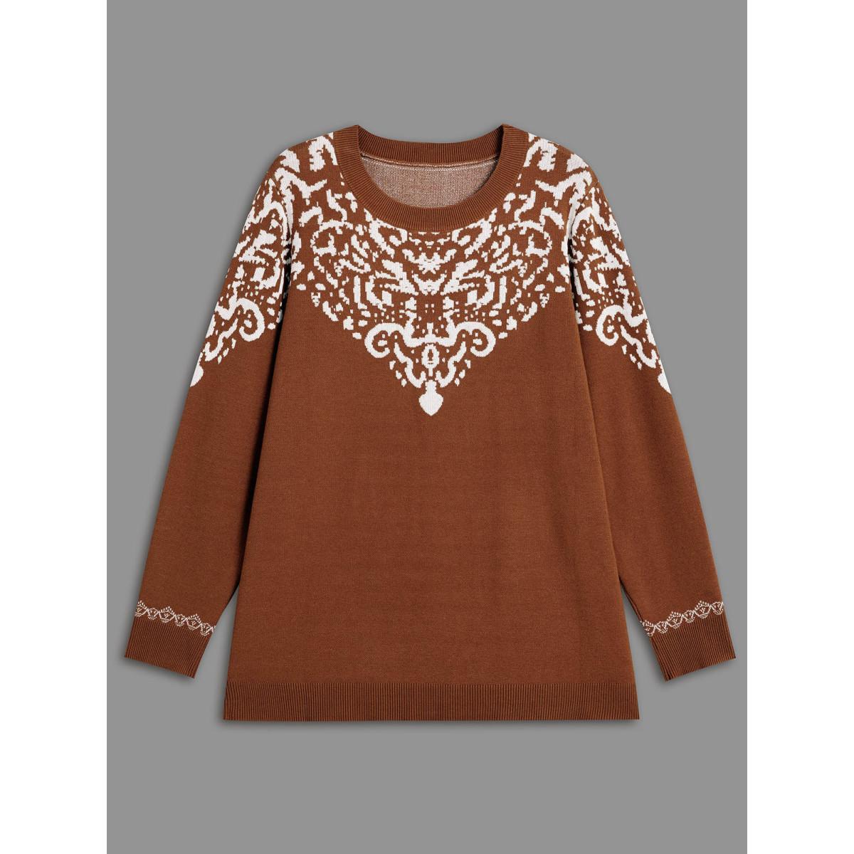 Plus Size Bandana Jacquard Pattern Round Neck Pullover Browncoffeecolor Women Casual Loose Long Sleeve Round Neck Everyday Pullovers BloomChic 28/5X Product Image