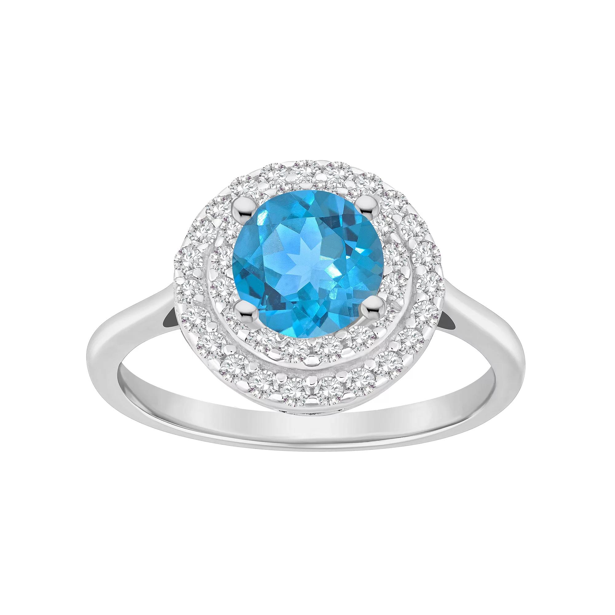 Celebration Gems Sterling Silver Round-Cut Swiss Blue Topaz & White Topaz Double Halo Ring, Women's,  Product Image