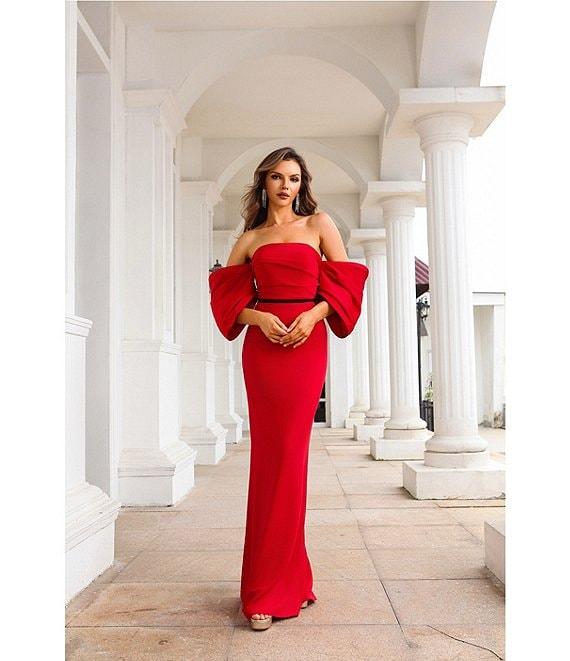 Terani Couture Off-The-Shoulder Draped Short Sleeves Matte Satin Column Gown Product Image