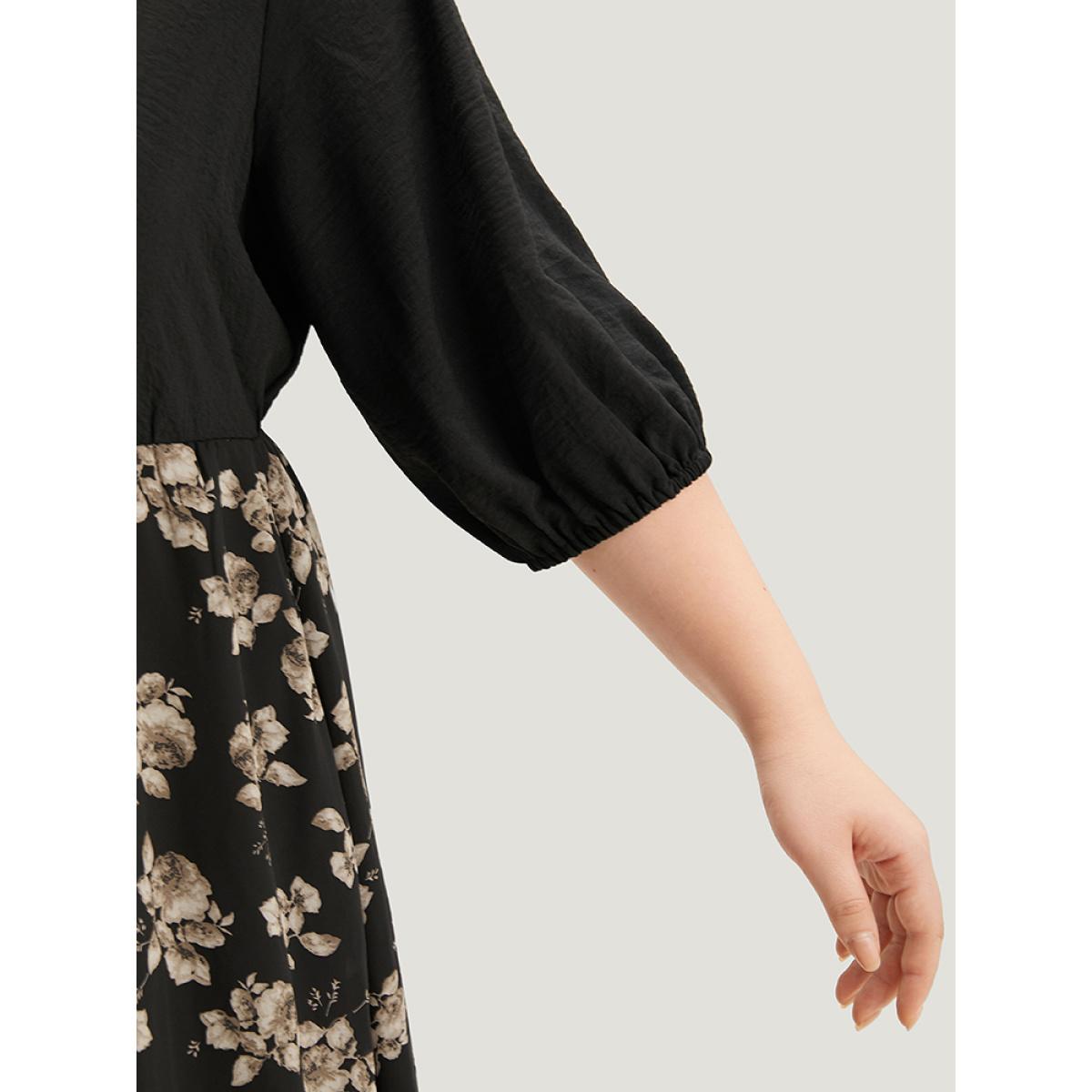 Plus Size Floral Print Patchwork Shirt Collar Dress Black Women Office Lined Shirt collar Half Sleeve Curvy Midi Dress BloomChic 12/L Product Image