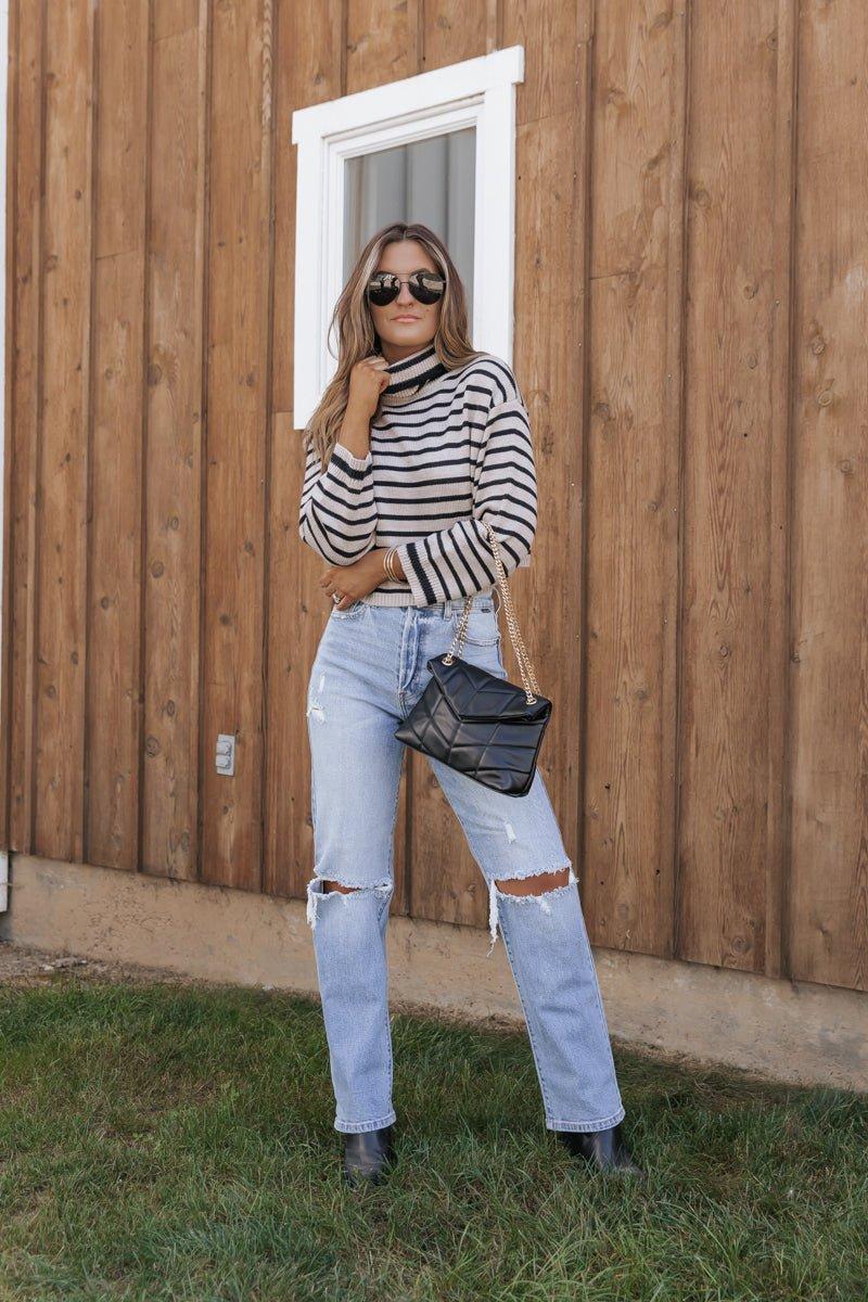 Mocha Striped Long Sleeve Turtleneck Sweater - FINAL SALE Product Image