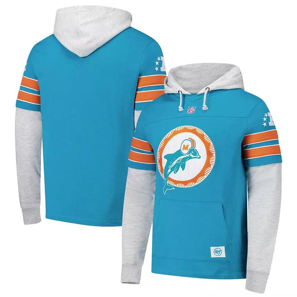 Men's '47 Aqua Miami Dolphins Double Header Blitz Throwback Cornerback Pullover Hoodie,  Product Image