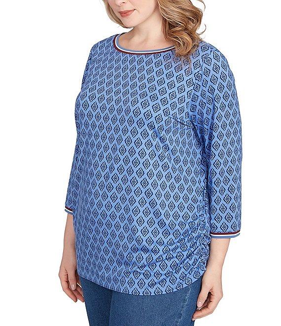 Ruby Rd. Plus Size Soft Stretch Jersey Printed Crew Neck 3/4 Sleeve Stripe-Tipped Trim Side Ruched Top Product Image