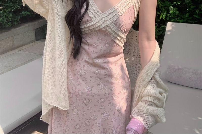 V-Neck Spaghetti Strap Floral Print Ruffle Trim Midi A-Line Dress / Plain Light Cardigan Product Image