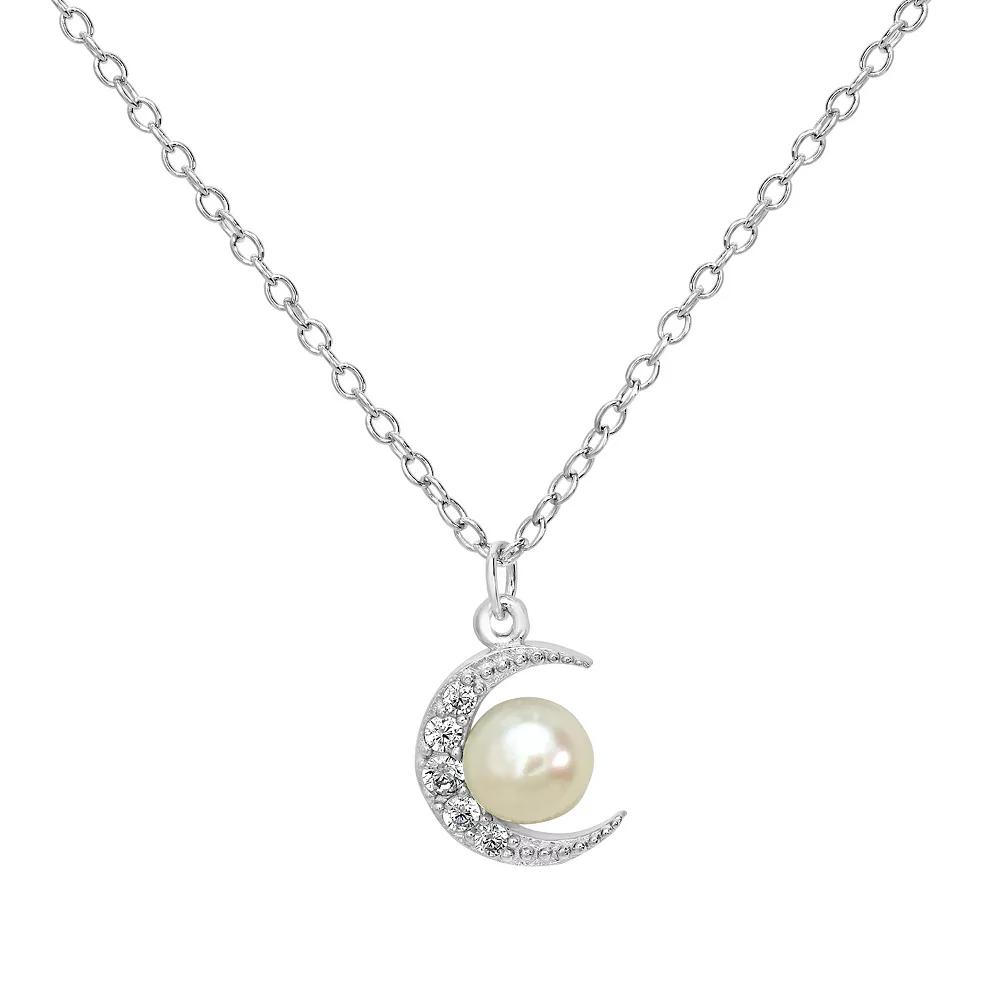 Gemistry Sterling Silver Cubic Zirconia & Freshwater Cultured Pearl Crescent Moon Pendant Necklace, Women's, Size: 18-20" ADJ Product Image