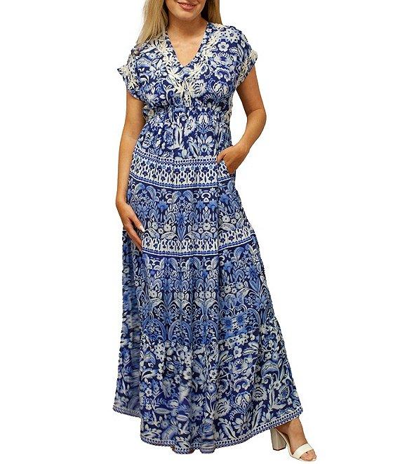 Karyn Seo Gypsy Bohemian Print Cinched Waist V-Neck Short Sleeve Maxi Dress Product Image